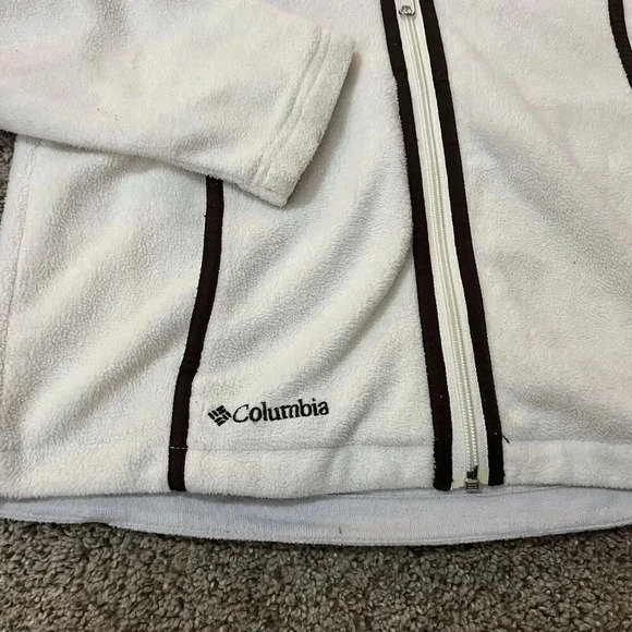 Columbia‎ Vintage Piped Full Zip Fleece Jacket Thermal Womens Ivory Brown Hooded - Picture 9 of 9